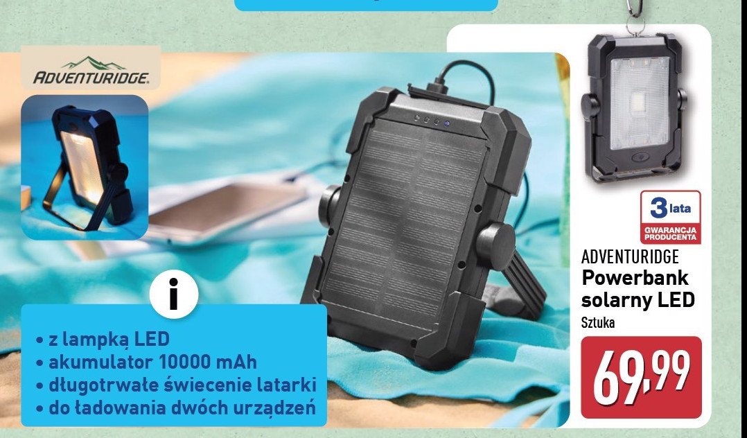 Powerbank solarny led ADVENTURIDGE promocja w Aldi