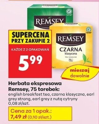 Herbata ekspresowa Remsey 75 torebek english breakfast tea, czarna klasyczna, earl grey strona, earl grey z nutą cytryny promocja w Biedronka