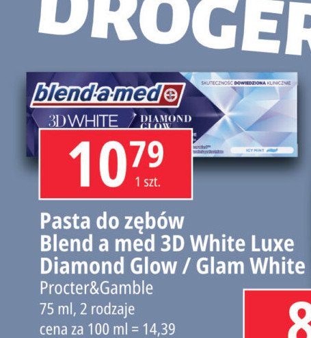 Pasta do zębów diamond glow Blend-a-med 3d white luxe promocja w Leclerc