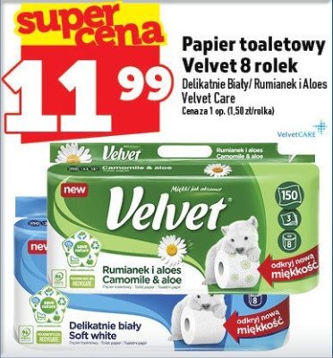 Papier toaletowy Velvet 8 rolek Delikatnie Biały / Rumianek Łąkowy Aloes Velvet Care promocja w TOPAZ