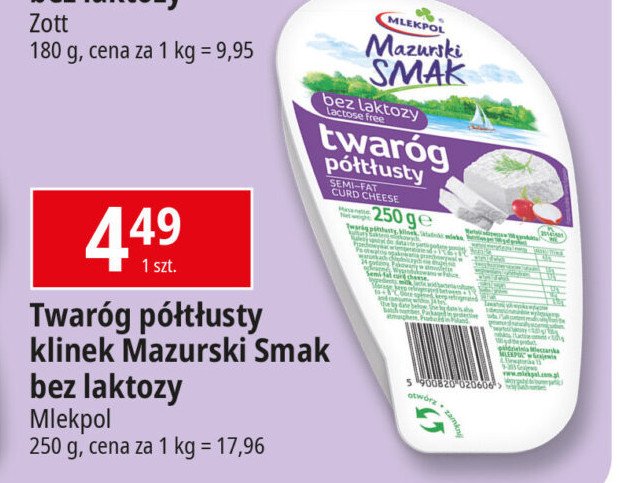 Twaróg półtłusty bez laktozy Mlekpol mazurski smak promocja w Leclerc