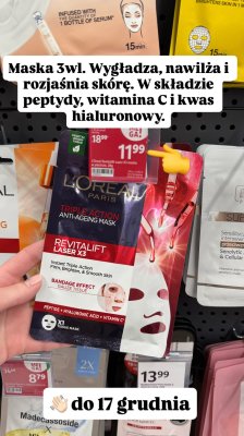 Maska L'Oreal Revitalift Laser X3 Anti-Ageing Mask z peptydami, witaminą C i kwasem hialuronowym promocja w Rossmann