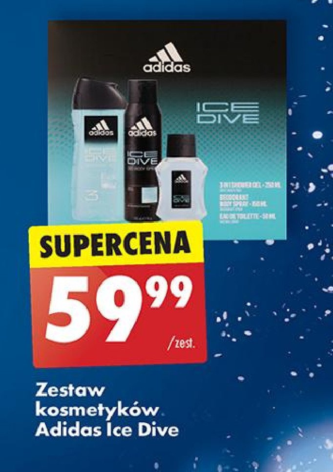 Zestaw w pudełku ice dive żel pod prysznic 250 ml + dezodorant 150 ml + dezodorant w szkle 75 ml ADIDAS ZESTAW Adidas cosmetics promocja