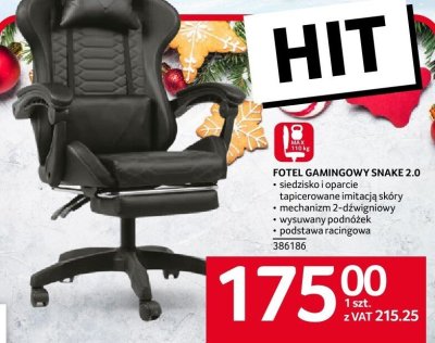 Fotel gamingowy Snake 2.0 siedzisko sportowe tapicerowana imitacja skóry mechanizm 2-dźwigniowy wysuwany poduszek wygodny z podnóżkiem promocja w Selgros