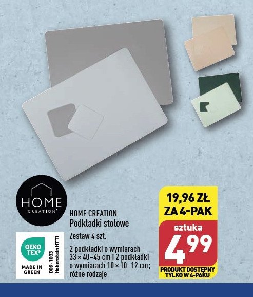 Podkładki stołowe 2 x 33 x 40-45 cm + 2 x 10 x 10-12 cm Home creation promocja