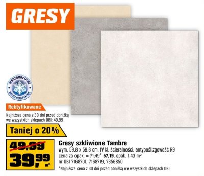 Gresy szkliwione Tambre wym. 59,8 x 59,8 cm, W kl. ścieralności, antypoślizgowość R9 OBI promocja w OBI