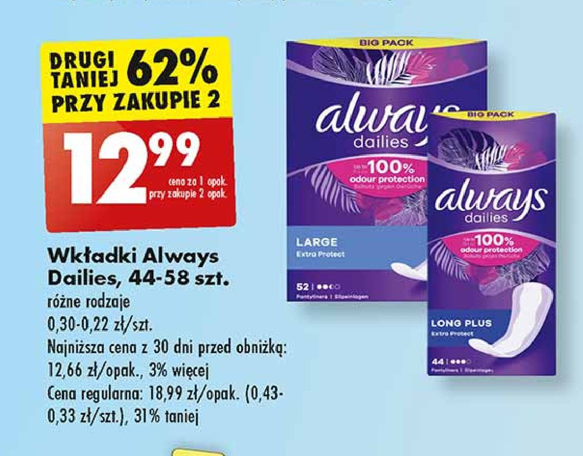 Wkładki higieniczne long plus Always dailies extra protect promocja