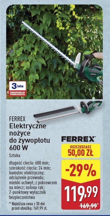 Nożyce do żywopłotu 600w Ferrex promocja w Aldi