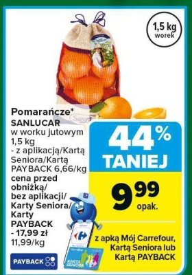 Pomarańcze SANLUCAR w worku jutowym 1,5 kg promocja w Carrefour
