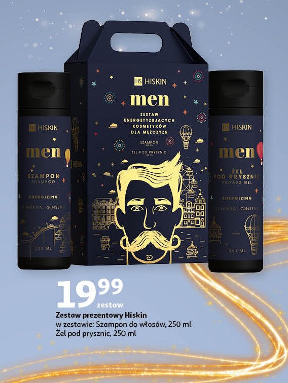 Zestaw w pudełku men: szampon do włosów 250 ml + żel pod prysznic Hiskin promocja