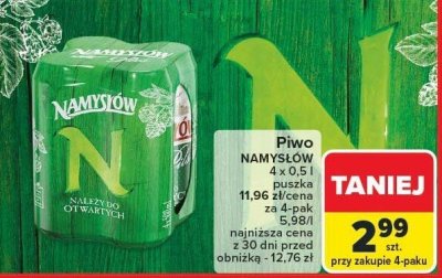 Piwo NAMYSŁÓW 4 x 0,5l puszka promocja w Carrefour