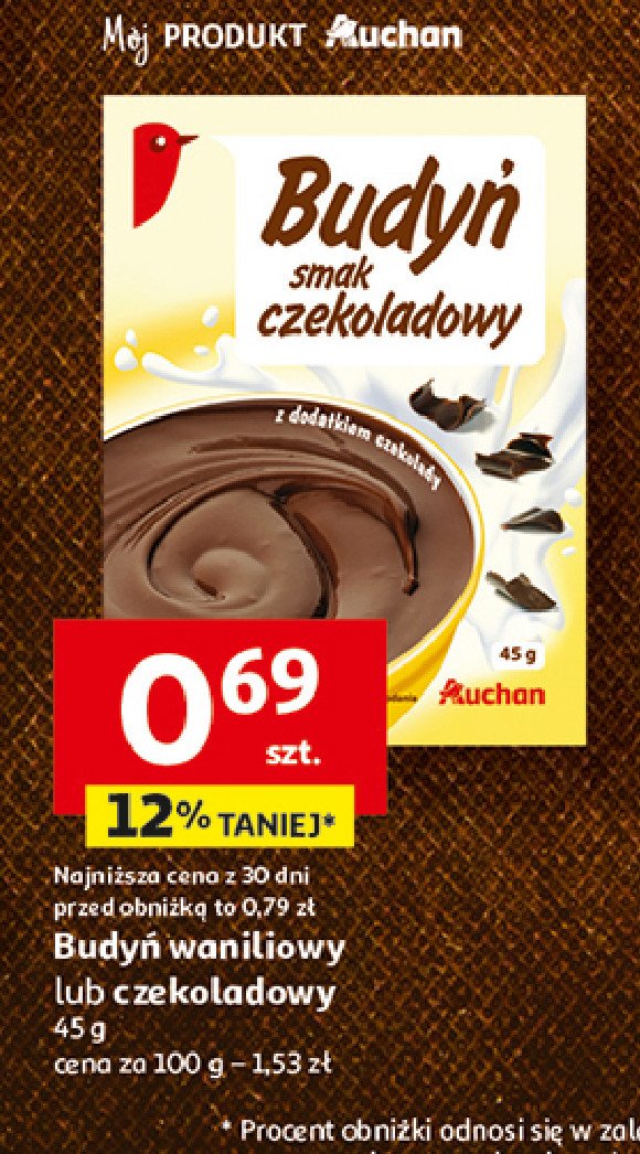 Budyń smak czekoladowy Auchan różnorodne (logo czerwone) promocja w Auchan