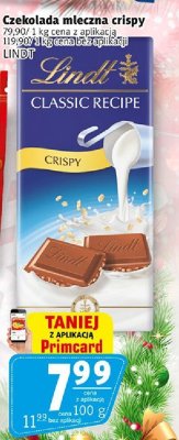 Czekolada mleczna crispy Lindt CLASSIC RECIPE promocja w Prim Market