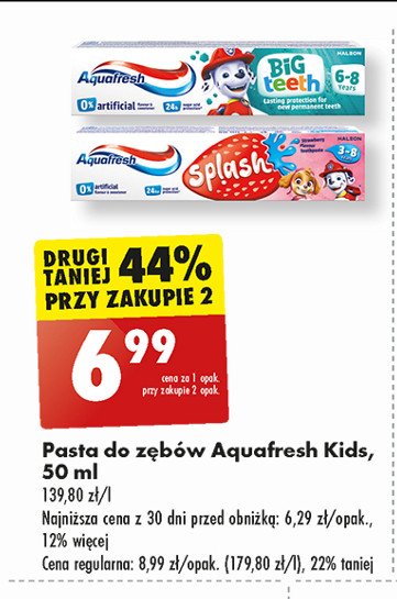 Pasta do zębow truskawkowa 3-8 lat Aquafresh splash promocja w Biedronka