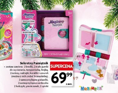 Sekretny Pamiętnik zestaw zawiera: 2 kredki, 2 małe gumki do wymazywania, temperówkę, linijkę, 2 notesy, naklejki, koraliki i sznurek (można z nich zrobić bransoletkę), 2 samoprzylepne gwiazdki, 2 samoprzylepne serduszka 2 kokzyki, pierścionek, 2 spinki promocja w Intermarche