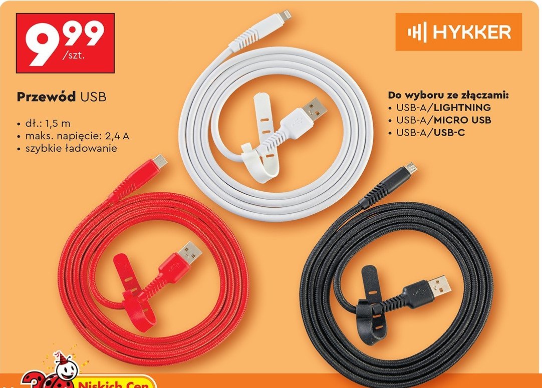 Przewód usb silikonowy usb-a/lightning 1.5 cm Hykker promocja w Biedronka