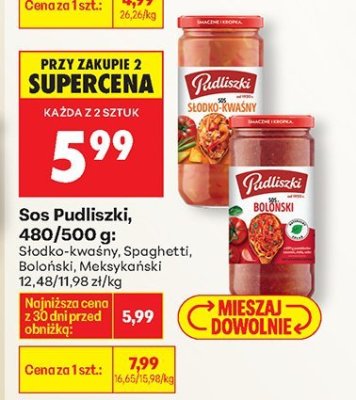 Sos Pudliszki, 480/500 g: słodko-kwaśny, Spaghetti, Boloński, Meksykański promocja w Biedronka