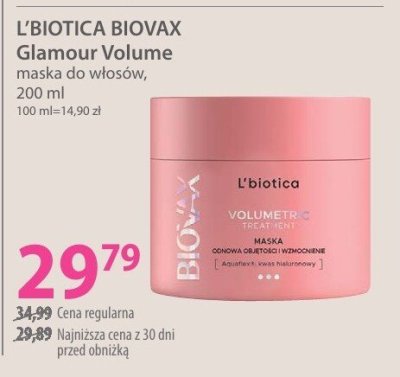 Maska L'BIOTICA BIOVAX Glamour Volume do włosów promocja w Hebe