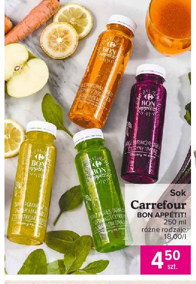 Sok z marchwi, jab艂ek cytryny z dodatkiem korzenia maca Carrefour bon appetit! promocja