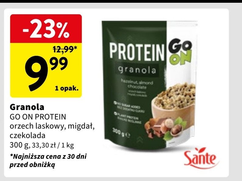 Granola czekoladowa z orzechami Sante go on! protein promocja w Intermarche