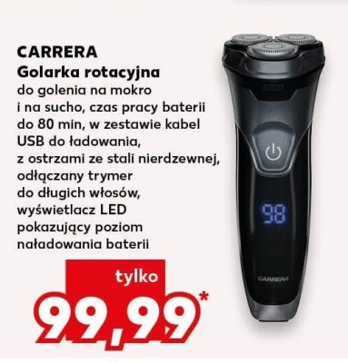 Golarka rotacyjna do golenia na mokro i na sucho, czas pracy baterii do 80 min, w zestawie kabel USB do ładowania, z ostrzami ze stali nierdzewnej, odłączany trymer do długich włosów, wyświetlacz LED pokazujący poziom naładowania baterii promocja w Kaufland