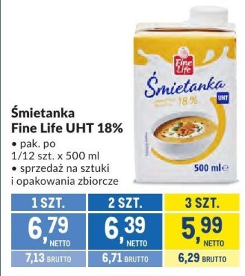 Śmietanka Fine Life UHT 18% promocja w Makro