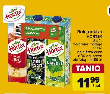 Sok jabłkowy + nektar czarna porzeczka + napój winogronowy Hortex promocja