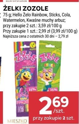 Żelki Zozole Hello Zelo Rainbow, Sticks, Cola, Watermelon, Kwaśne muchy arbuz promocja w Stokrotka