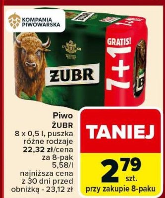 Piwo ŻUBR 8 x 0,5 l puszka różne rodzaje promocja w Carrefour