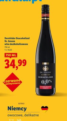 Wino dealkolizowane Dornfelder Deacoholized Dr. Zenzen 0.0% czerwone półwytrawne promocja w Lidl