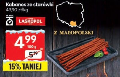 Kiełbasa Kabanos ze starówki Laskopol z Małopolski promocja w Delikatesy Centrum