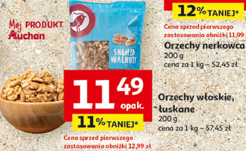 Orzechy włoskie łuskane Auchan różnorodne (logo czerwone) promocja