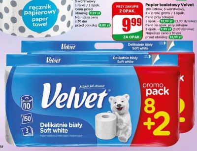 Papier toaletowy Velvet Delikatnie biały Soft white 150 listków, 3-warstwowy promocja w Dino