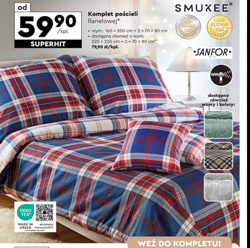 Komplet pościeli flanelowej 160 x 200 + 2 x 70 x 80 cm Smukee promocja w Biedronka