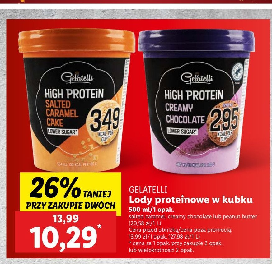 Lody creamy chocolate flavour GELATELLI HIGH PROTEIN promocja w Lidl