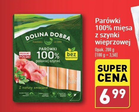 Parówki 100 % z szynki Dolina dobra promocja w Aldi