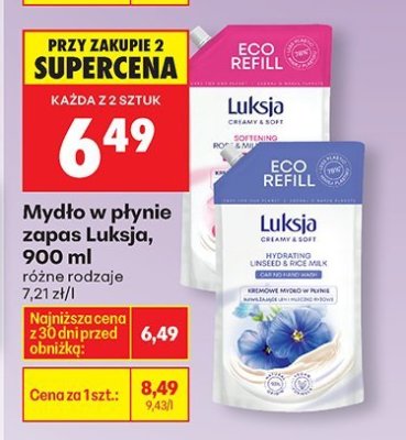 Mydło w płynie zapas Luksja, 900 ml różne rodzaje 7,21 zł/l promocja w Biedronka