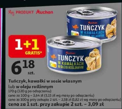 Tuńczyk w kawałkach w sosie własnym lub w oleju roślinnym 170 g promocja w Auchan