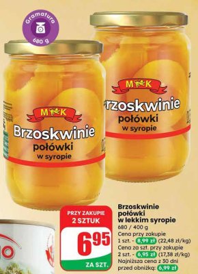 Brzoskwinie połówki w lekkim syropie M&K promocja w Dino