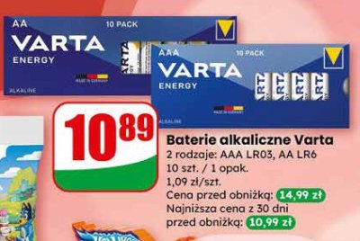Baterie alkaliczne Varta 2 rodzaje: AAA LR03, AA LR6, 10 szt. promocja w Dino