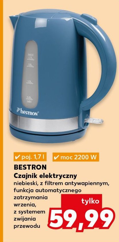 Czajnik elektryczny 1.7 l 2200w Bestron promocja w Kaufland