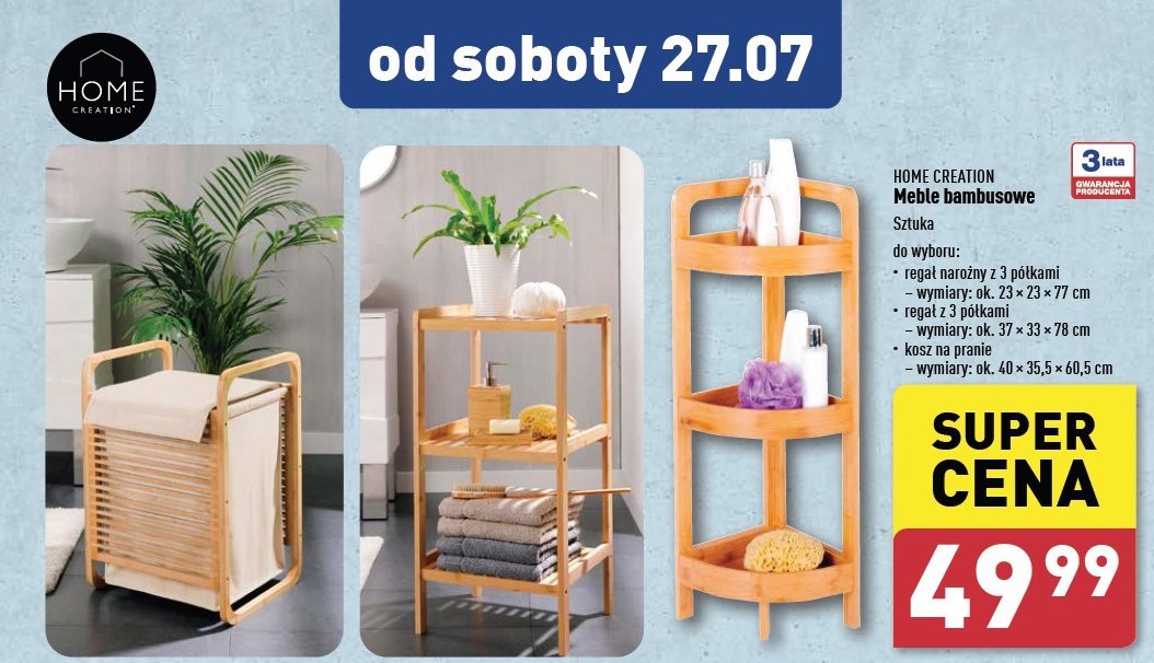 Regał bambusowy narożny 3 półki 23 x 77 x 23 cm Home creation promocja