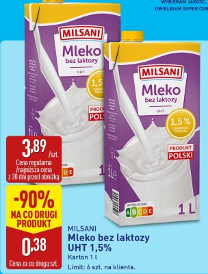 Mleko bez laktozy UHT 1,5% MILSANI promocja w Aldi
