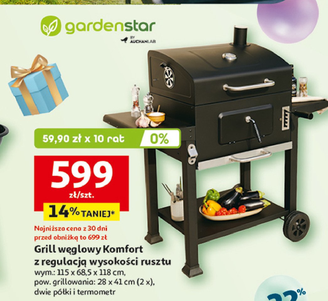 Grill w臋glowy komfort z regulacj膮 wysoko艣ci rusztu 115 x 68.5 x 118 cm Garden star promocja w Auchan