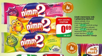 Lizak owocowy sok i witaminy Nimm2 różne rodzaje promocja w Dino