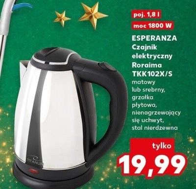 Czajnik elektryczny Roraima TKK102X/S ESPERANZA matowy lub srebrny, grzałka płytowa, nienagrzewający się uchwyt, stal nierdzewna promocja w Kaufland