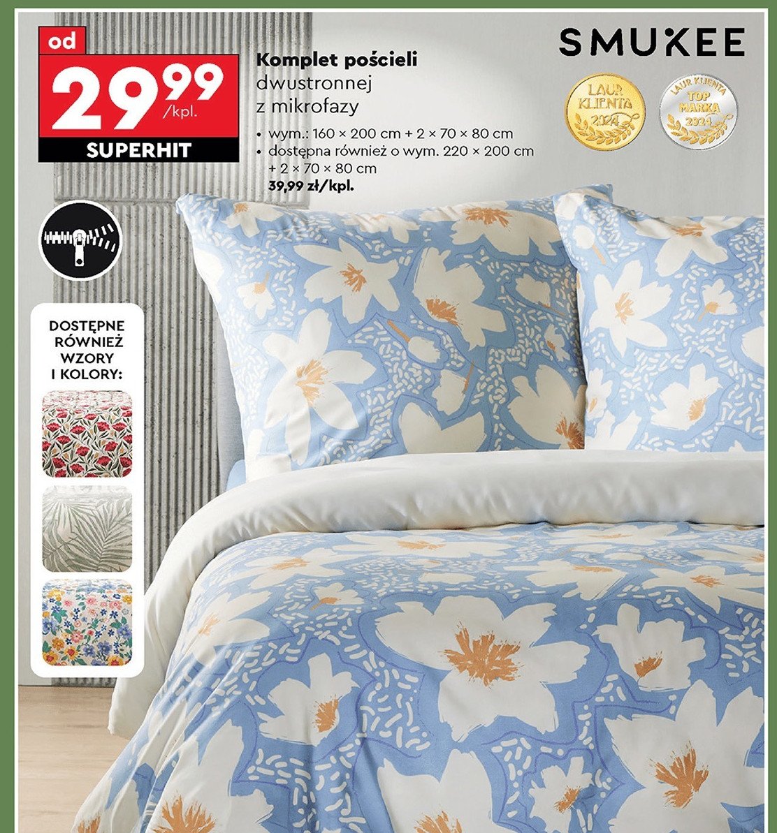 Komplet pościeli z mikrofazy 220 x 200 cm + 2 x 70 x 80 cm Smukee promocja w Biedronka