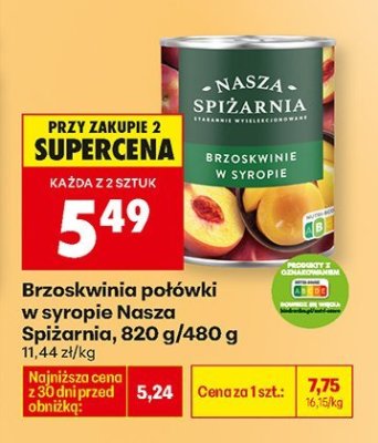 Brzoskwinia połówki w syropie Nasza Spiżarnia 820g/480g promocja w Biedronka