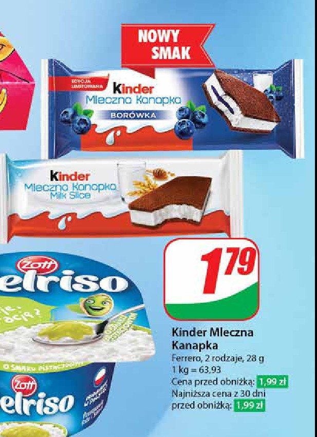 Baton borówkowy Kinder mleczna kanapka promocja w Dino