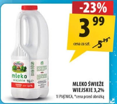 Mleko świeże wiejskie 3,2% Piątnica promocja w Arhelan